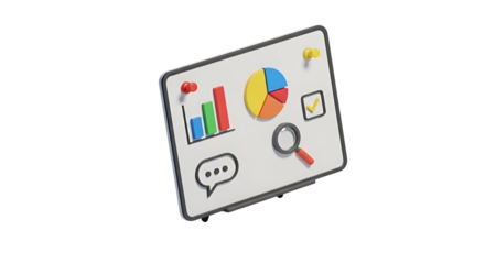 3d icon of whiteboard with business analysis tools, featuring charts, graphs, and a magnifying glass