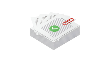 3d icon of stack of documents with a green checkmark and paperclip, representing approval