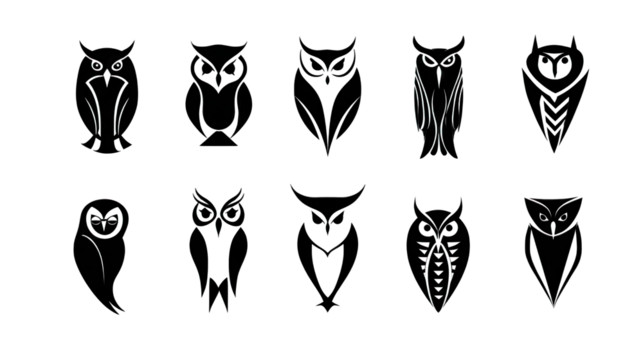 A collection of stylized owl designs showcasing various artistic interpretations and features of these nocturnal birds.