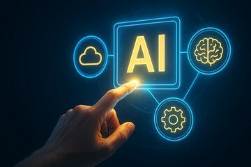 Human finger interacts with glowing AI interface, symbolizing innovation and technology