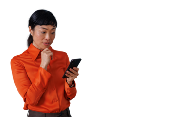 Asian businesswoman looking at smartphone feeling concerned, thinking and having problems, transparent background