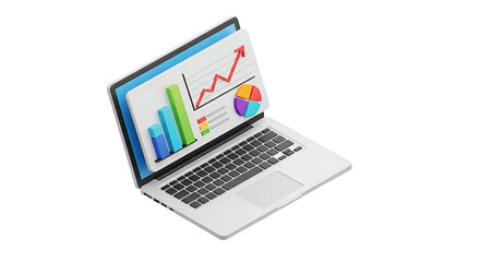 3d icon of isometric laptop displaying financial charts and graph, representing data analysis