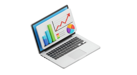 3d icon of isometric laptop displaying financial charts and graph, representing data analysis
