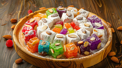 A vibrant combination consisting of Turkish delight, with colorful candies in the middle, surrounded by white chunks, dotted with almonds, placed on a wooden plate, illuminated by natural light with s