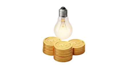 3d icon of light bulb illuminating stacks of gold coins, symbolizing bright financial ideas