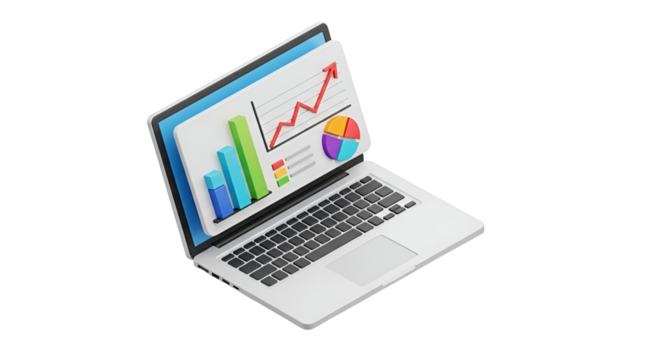 3d icon of isometric laptop displaying financial charts and graph, representing data analysis - Powered by Adobe