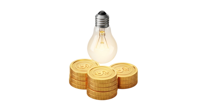 3d icon of light bulb illuminating stacks of gold coins, symbolizing bright financial ideas