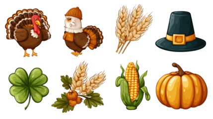 A collection of autumn-themed illustrations featuring a turkey, owl, wheat, corn, a clover, and a pumpkin with a festive hat.