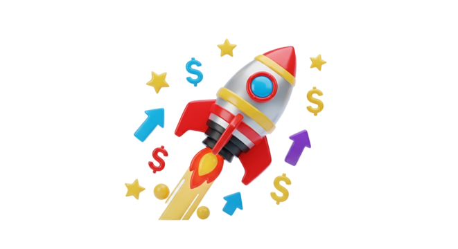 3d icon of a 3d render of a rocket ship taking off, surrounded by dollar signs and arrows