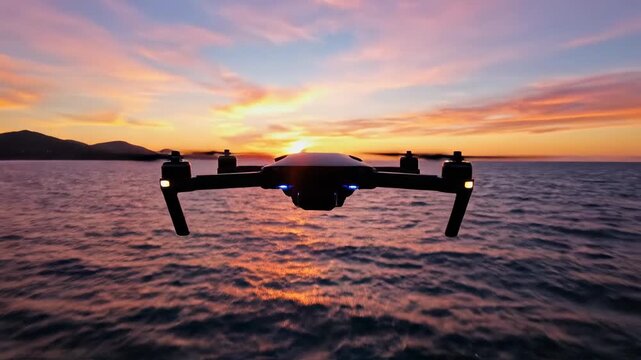 Dron no identificable controlado a distancia sobre el agua, cámara de video de alta resolución en vuelo