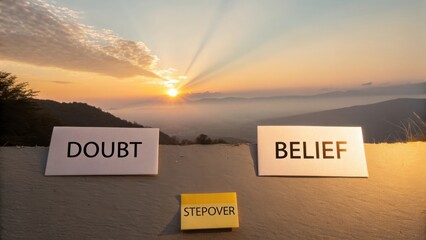 Conceptual illustration showing steps from doubt to belief at sunrise