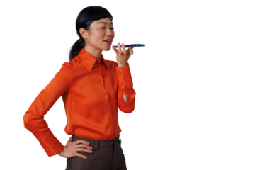 Asian woman sending voice message on smartphone, communicating with remote contact, standing on transparent background