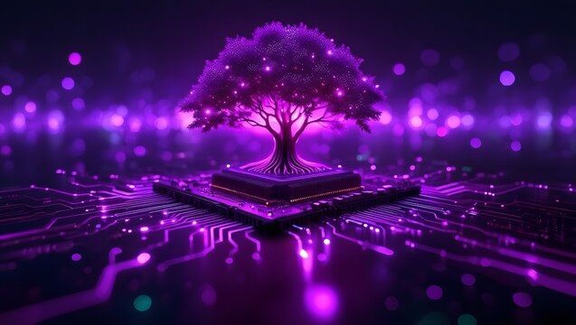 Generative AI illustration of digitally created image of tree with foliage growing from a circuit board illustrating the concept of technology - Powered by Adobe