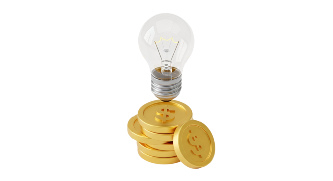 3d icon of light bulb on stack of gold coins representing idea worth money