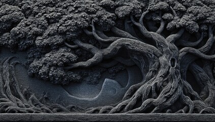 Dark, sculpted relief of ancient trees