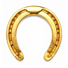Obraz premium Polished golden horseshoe on white background. Good luck and prosperity.
