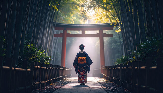 京都の嵐山のような竹林と赤い鳥居、和服の女性 - スピリチュアルな日本の美