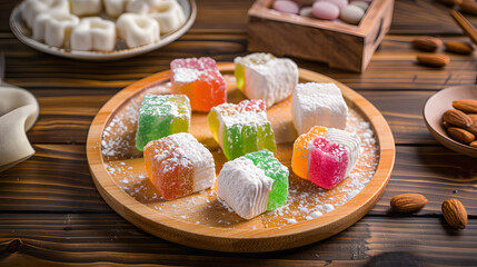 A vibrant combination consisting of Turkish delight, with colorful candies in the middle, surrounded by white chunks, dotted with almonds, placed on a wooden plate, illuminated by natural light with s