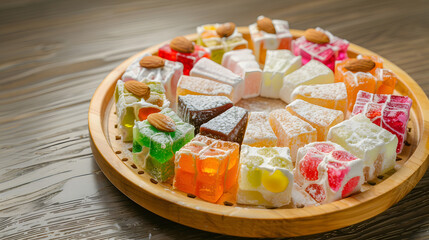 A vibrant combination consisting of Turkish delight, with colorful candies in the middle, surrounded by white chunks, dotted with almonds, placed on a wooden plate, illuminated by natural light with s