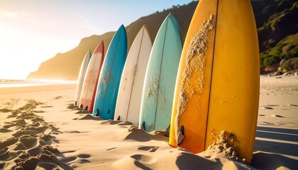 Surfboards aligned on sand, facing out to sea, sunny backdrop with foliage, creating a sense of summer and adventure
