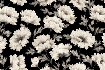 Monochrome floral pattern featuring light-toned peony blooms against a contrasting black background