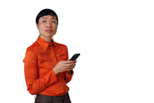 Asian businesswoman holding phone looking away, thinking or contemplating, navigating digital communication, transparent background
