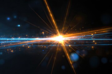 Glowing burst of golden and blue light particles against a dark background, abstract digital art