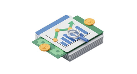 3d icon of financial report with magnifying glass concept of business analysis and growth