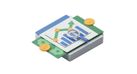 3d icon of financial report with magnifying glass concept of business analysis and growth