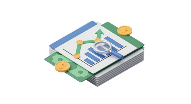 3d icon of financial report with magnifying glass concept of business analysis and growth