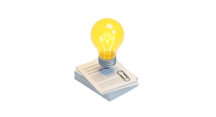 3d icon of light bulb on top of a stack of papers, symbolizing new ideas and innovation
