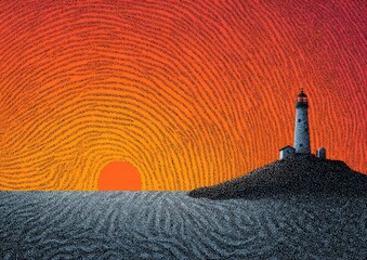 A stylized sunset over a body of water with a lighthouse on an island