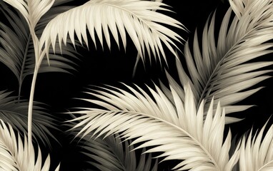 Fototapeta premium A monochromatic artistic depiction of tropical palm fronds against a stark, black background