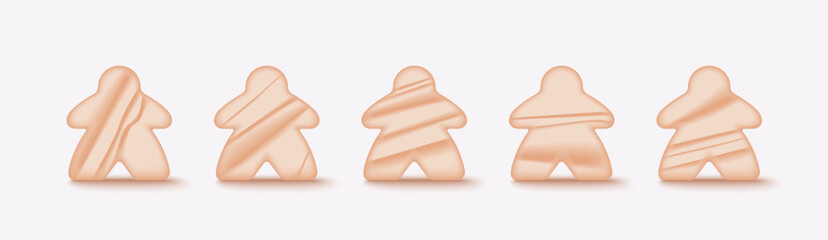 Realistic vector illustration of wooden game pawns with natural wood texture isolated on white background. Classic board game pieces for tabletop and gaming design projects.