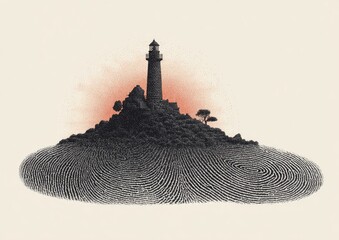 A lighthouse on an island, surrounded by a fingerprint pattern