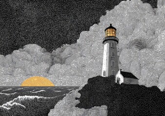 A lighthouse stands at the edge of a stormy sea at sunset