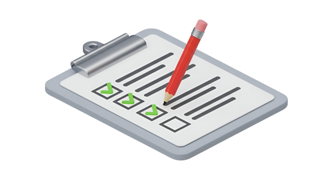 3d icon of clipboard with check marks and pencil, representing task completion and approval