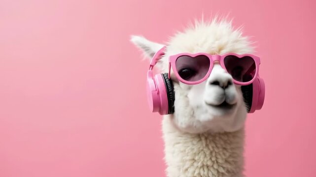 Llama divertida con gafas de sol y auriculares bailando. Cartelera de fiesta con espacio para texto.
