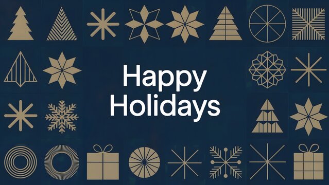 Stylish Happy Holidays greeting design with modern gold holiday icons, perfect for social media posts, festive banners, and seasonal marketing campaigns - Powered by Adobe