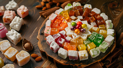 A vibrant combination consisting of Turkish delight, with colorful candies in the middle, surrounded by white chunks, dotted with almonds, placed on a wooden plate, illuminated by natural light with s