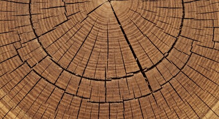 Naklejka premium Closeup of a weathered tree stumps crosssection showcasing concentric growth rings and deep radial cracks