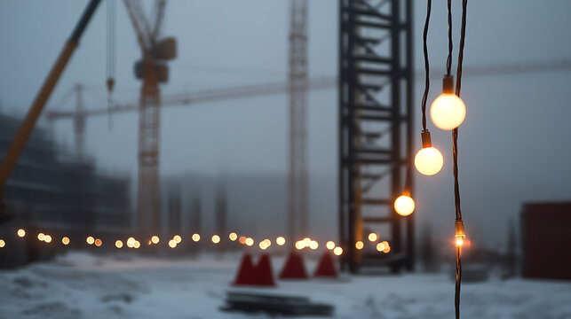 Lights glow against a backdrop of construction in winter, casting a warm ambiance in the cold and foggy environment. The lights add a touch of charm to the urban scene. - Powered by Adobe