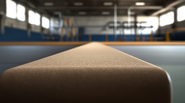 Close-up of the balance beam in the gym, a symbol of focus and poise. It reflects the dedication and precision required in gymnastics and athletic training. It is the center of sport.