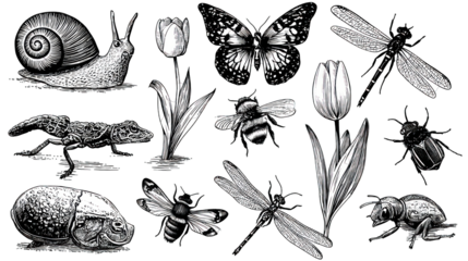 A detailed illustration featuring various insects, a snail, and flowers in a monochromatic style.