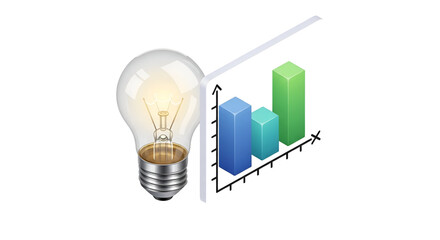 3d icon of isometric illustration of a light bulb and a bar graph