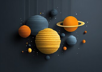 A stylized, 3D representation of planets, suspended in space