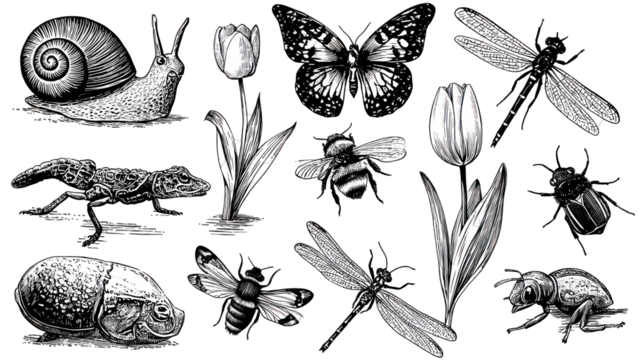 A detailed illustration featuring various insects, a snail, and flowers in a monochromatic style.