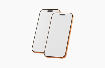 Two gold smartphones angled together, each with a blank white screen, perfect for mockups and app showcases. Re
