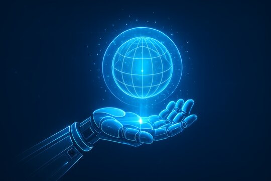 Futuristic robotic hand holding glowing digital earth, symbolizing global connectivity and innovation