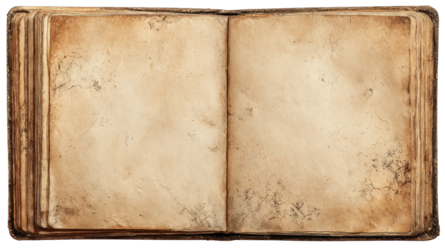An open, aged book with yellowed, textured pages, showcasing a weathered and antique appearance.
